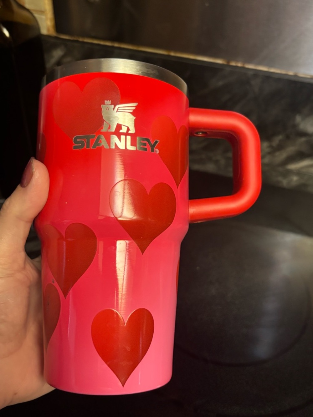 Stanley Pink Travel Mug with Red Heart Pattern